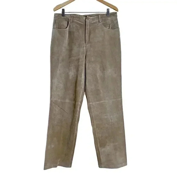 Nordstrom Vintage Tan Suede Leather Straight Leg Pants Women's Size 14 - Picture 1 of 8